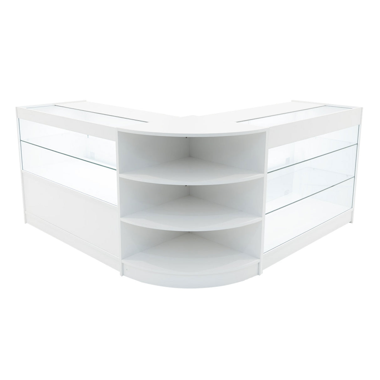 Elegantes, weißes Verkaufstheken-Set mit gläsernen Regalen, abgerundeten Kanten und modernem Design, ideal für Einzelhandelsumgebungen