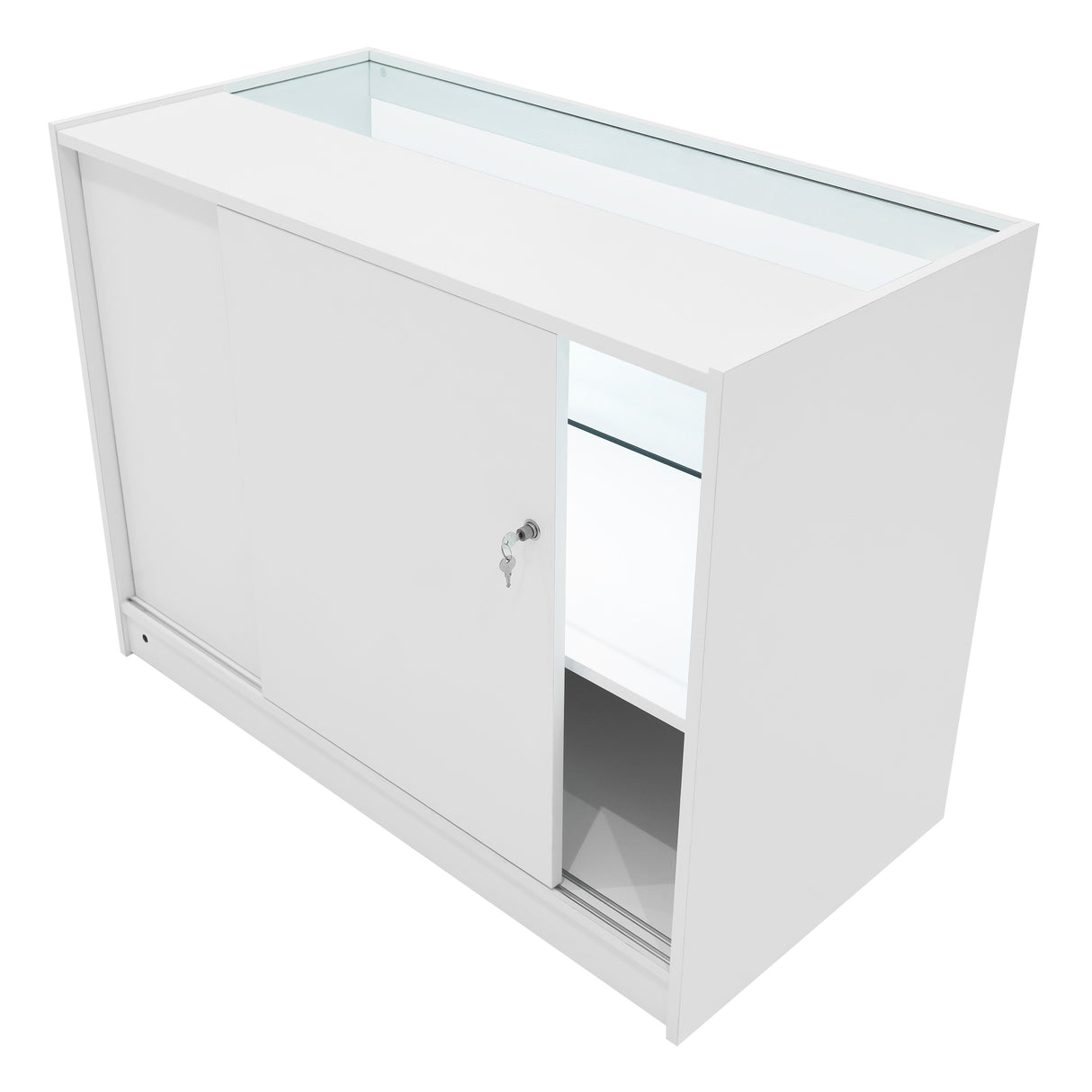 Weißes Verkaufstheken-Set mit LED-Beleuchtung, gläsernen Regalen und Schiebetüren, modern und elegant, ideal für Verkaufsräume und Ausstellungen