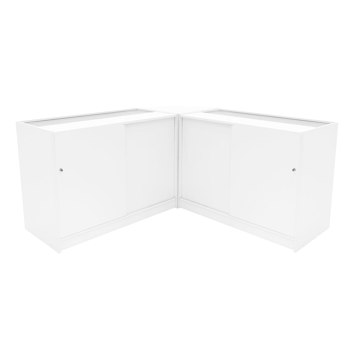 Elegantes, weißes Verkaufstheken-Set mit glatten Oberflächen, abgerundeten Kanten und integrierter LED-Beleuchtung für ansprechende Präsentationen