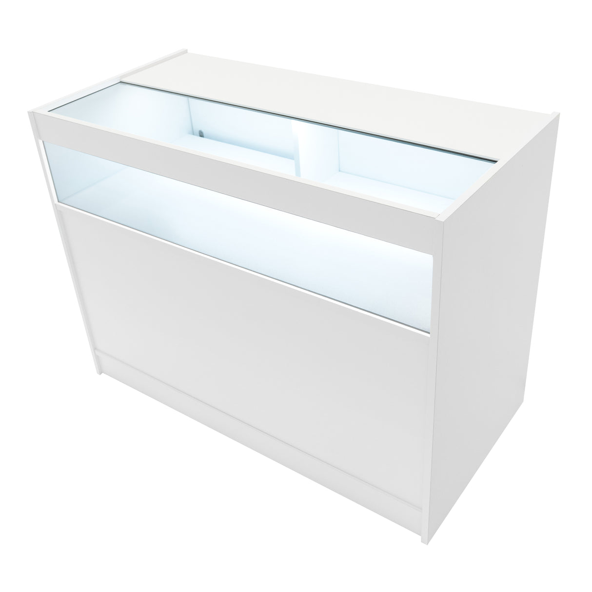 Elegantes, weißes LED-Verkaufstheken-Set mit glatter Oberfläche, integrierter Beleuchtung und transparentem Glasfenster für optimale Produktpräsentation