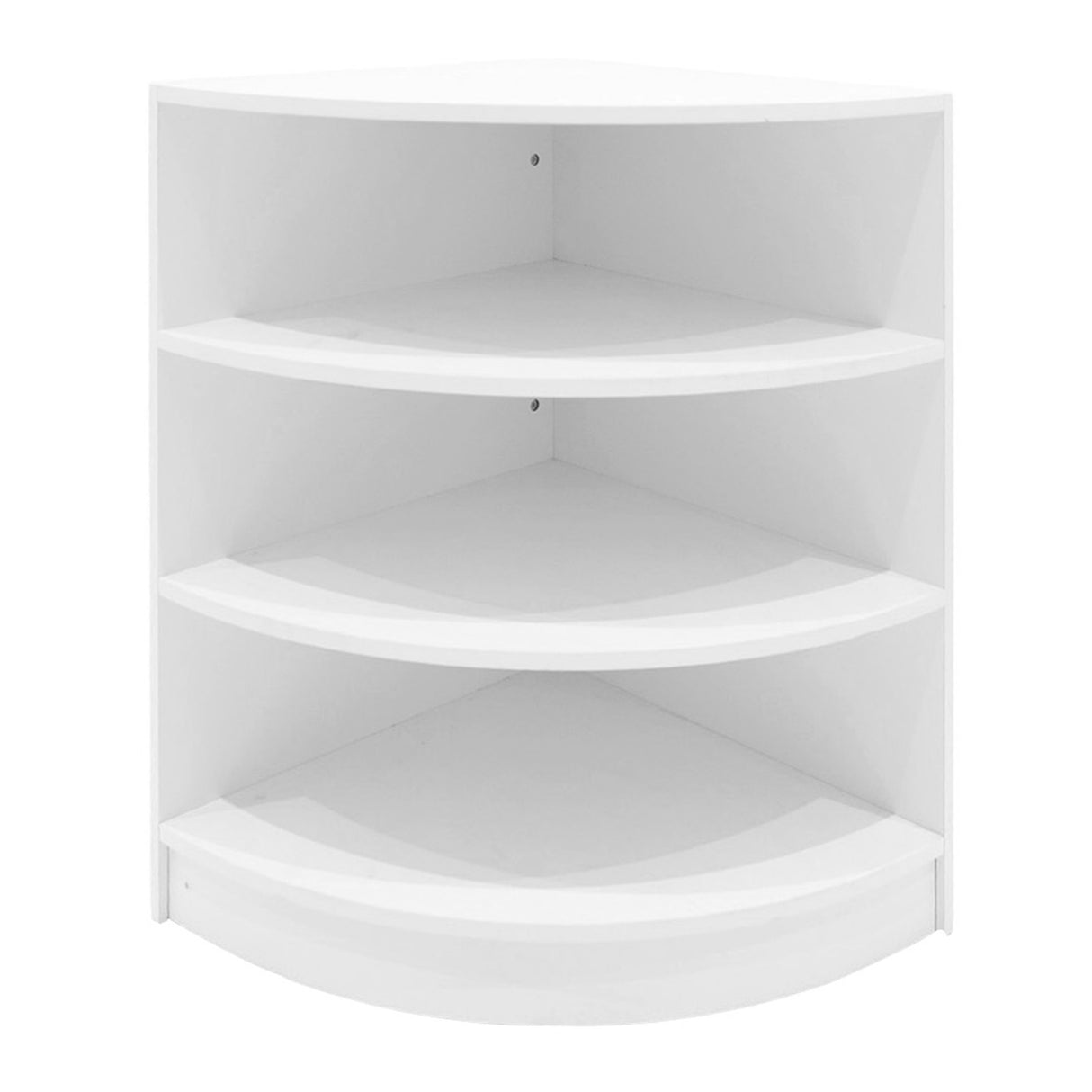 Eckregal in Weiß mit vier offenen Regalböden, ideal für Verkaufsflächen, modernes Design und glatte, matte Oberfläche für eine elegante Präsentation