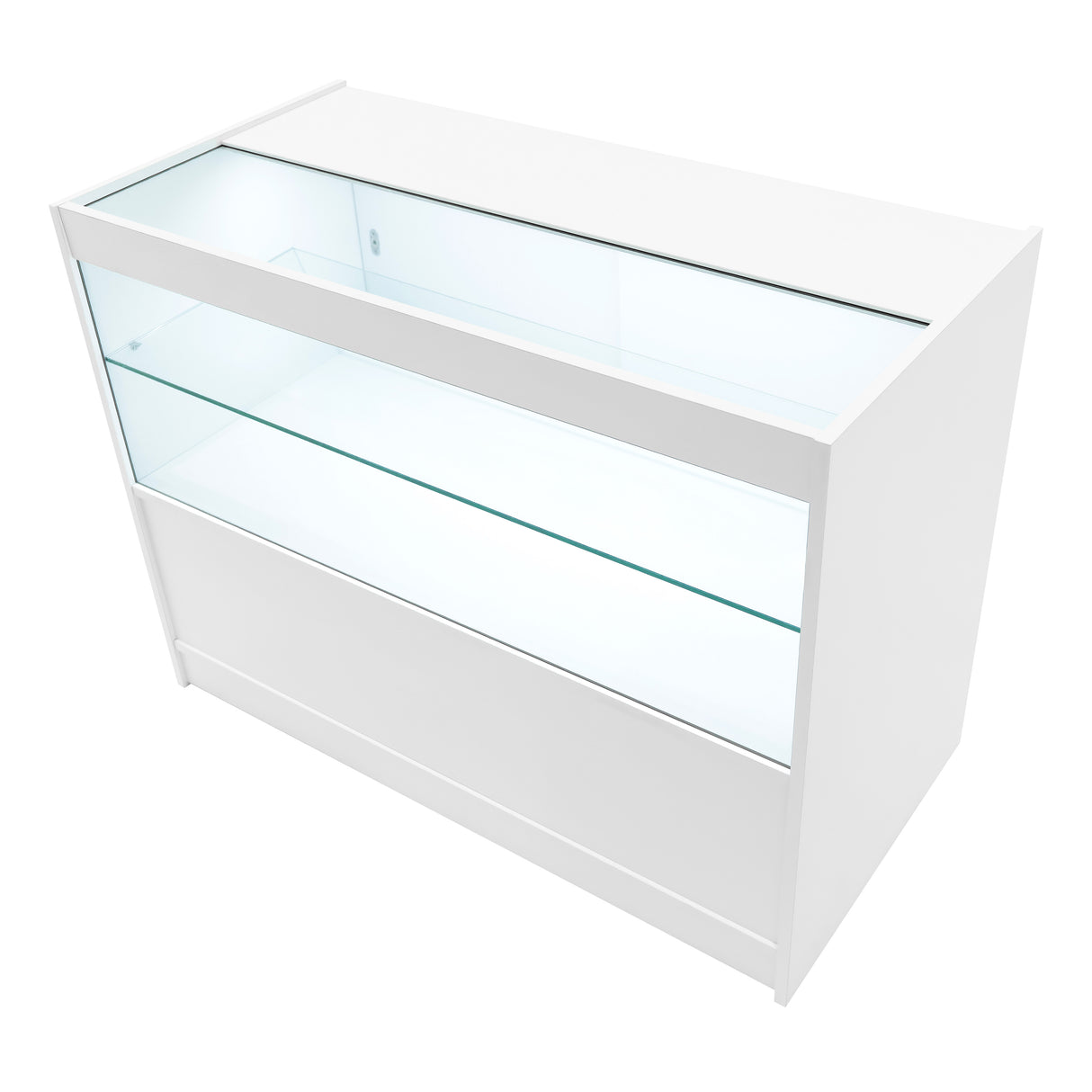 Weißes Eclipse LED Verkaufstheken-Set mit gläserner Vitrine, modernem Design und klaren Linien, ideal für den Einzelhandel und Ausstellungen