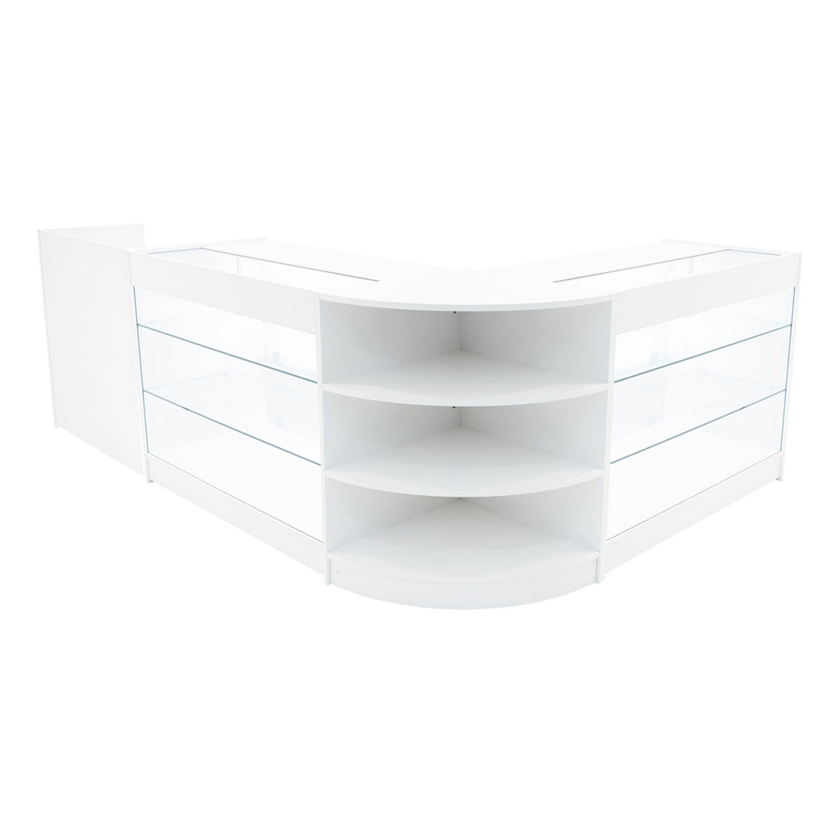 Elegantes Verkaufstheken-Set in Weiß mit klaren Glasflächen, abgerundeten Ecken und offenen Regalen für eine moderne Präsentation von Produkten