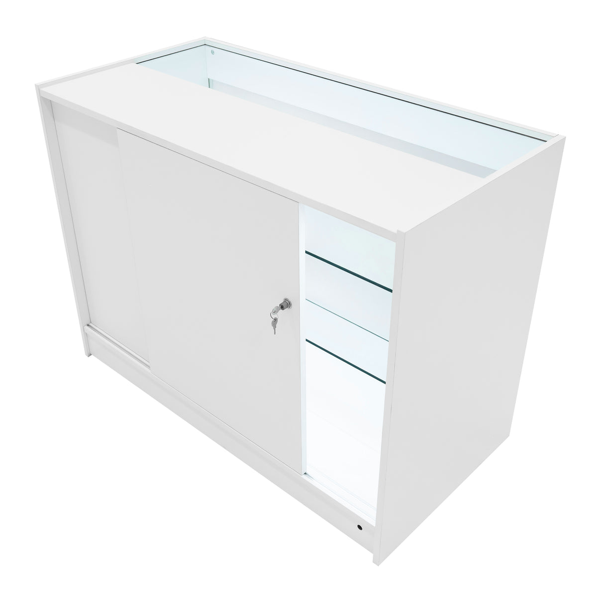 Weißes Verkaufstheken-Set mit glatten Oberflächen, integrierter LED-Beleuchtung und abschließbarem Schrank, ideal für Verkaufsräume und Ausstellungen