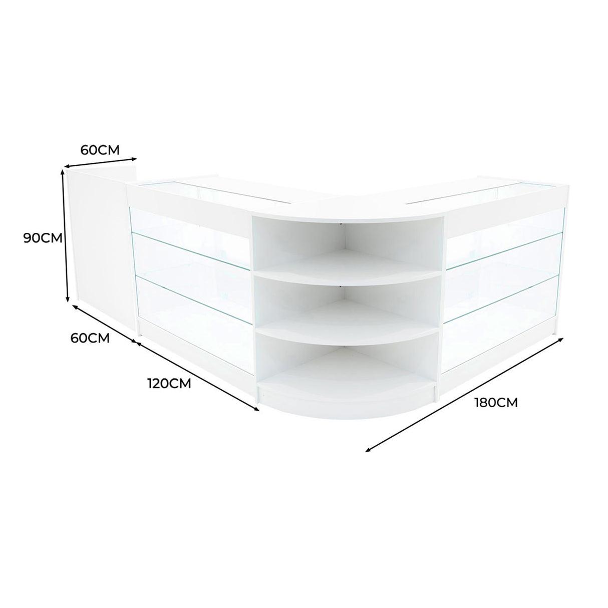 Eckverkaufsstand in Weiß mit Glasregalen, abgerundeten Kanten, 180 cm lang, 90 cm hoch, ideal für die Präsentation von Produkten