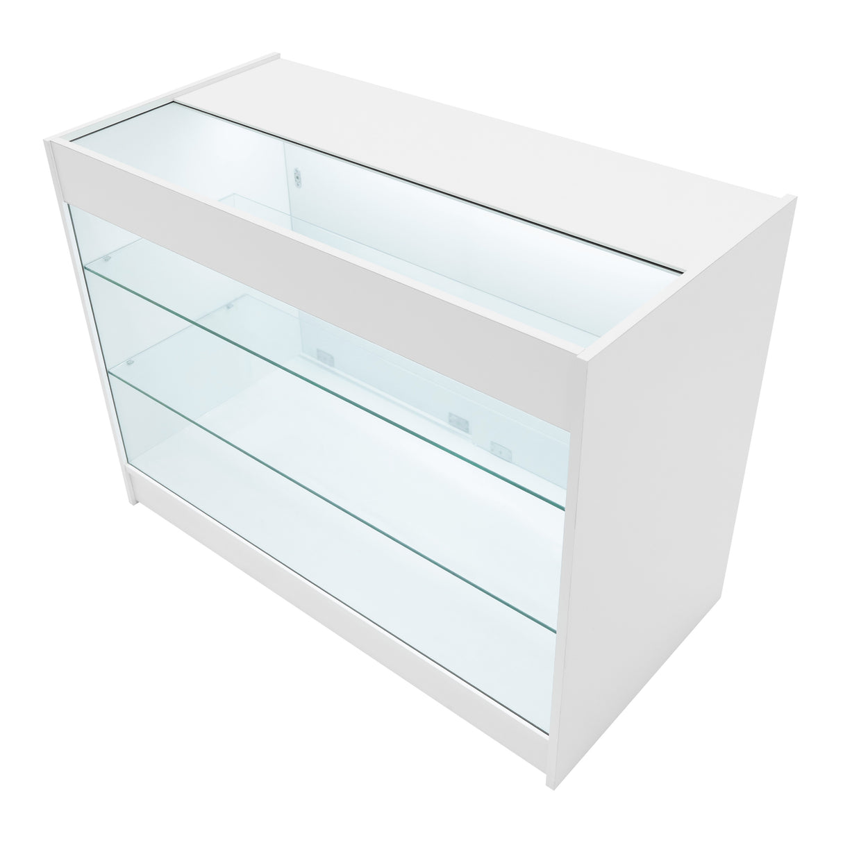 Weißes Verkaufstheken-Set mit Glasregalen, elegantem Design und LED-Beleuchtung, ideal für die Präsentation von Produkten in Geschäften