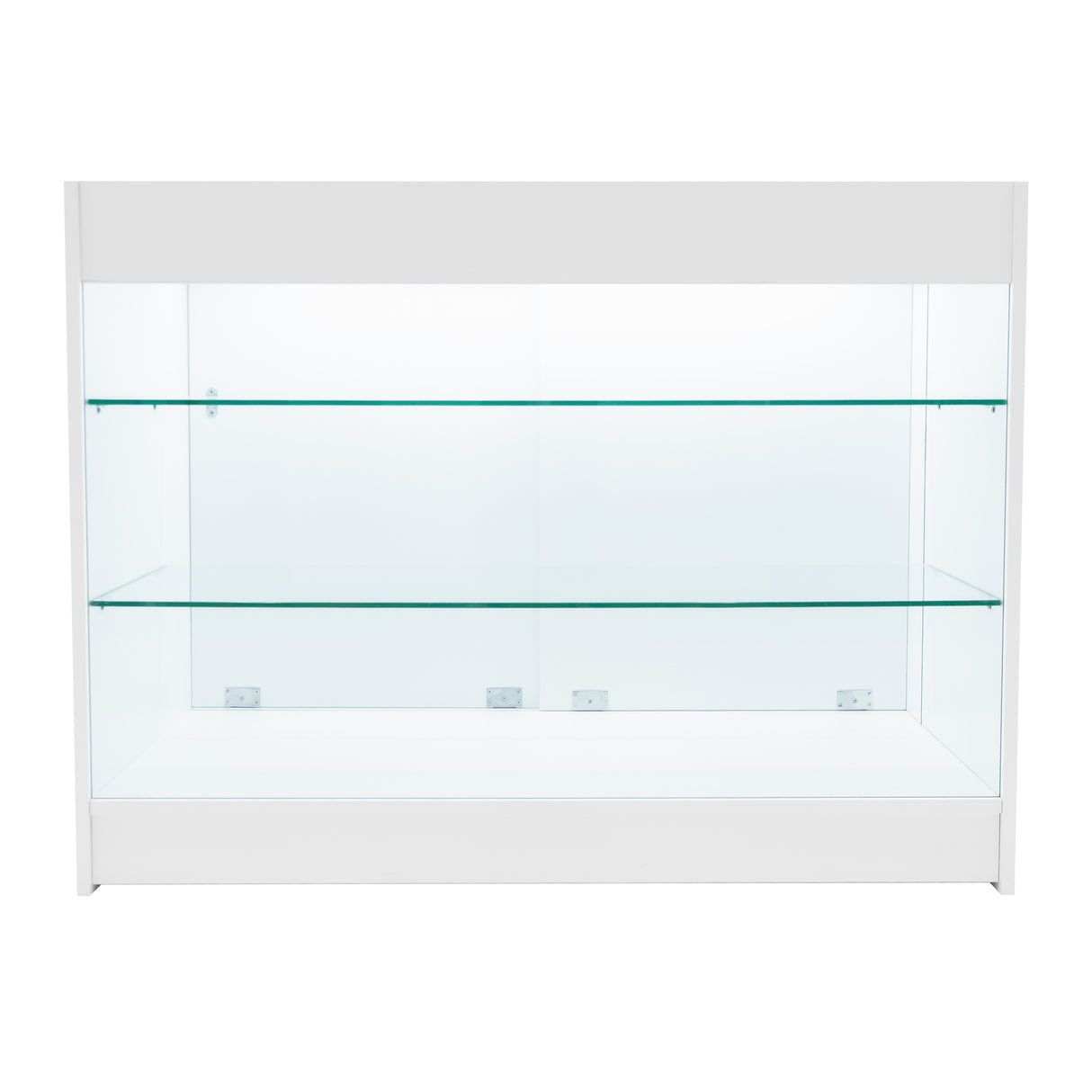 Weißes LED Verkaufstheken-Set mit zwei Regalen aus klarem Glas, modernem Design und eleganter, glatter Oberfläche für optimale Produktpräsentation