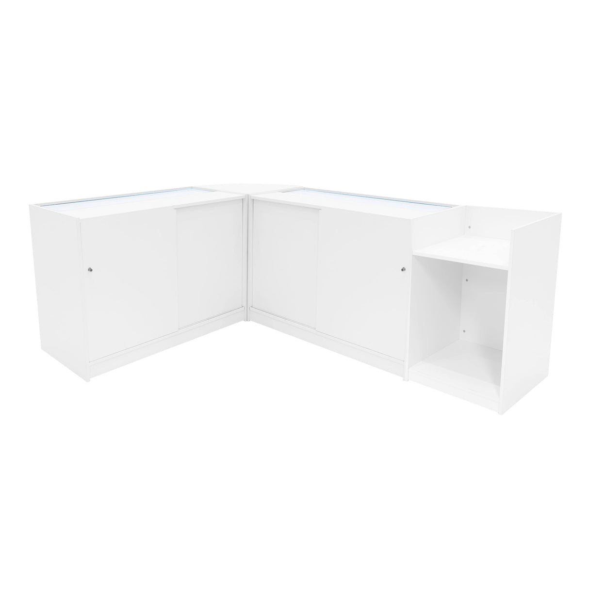 Weißes Hyperion LED Verkaufstheken-Set mit glatten Oberflächen, eleganten Kanten und integrierter Beleuchtung für ansprechende Produktpräsentation