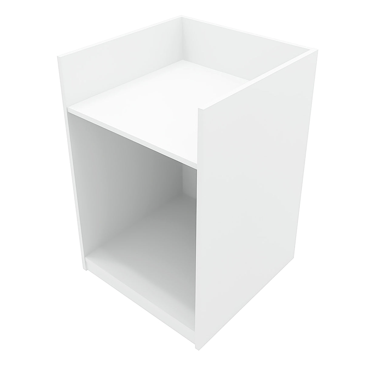 Weißes Hyperion LED Verkaufstheken-Set mit klaren Linien, glatter Oberfläche und modernem Design, ideal für Verkaufsräume und Ausstellungen