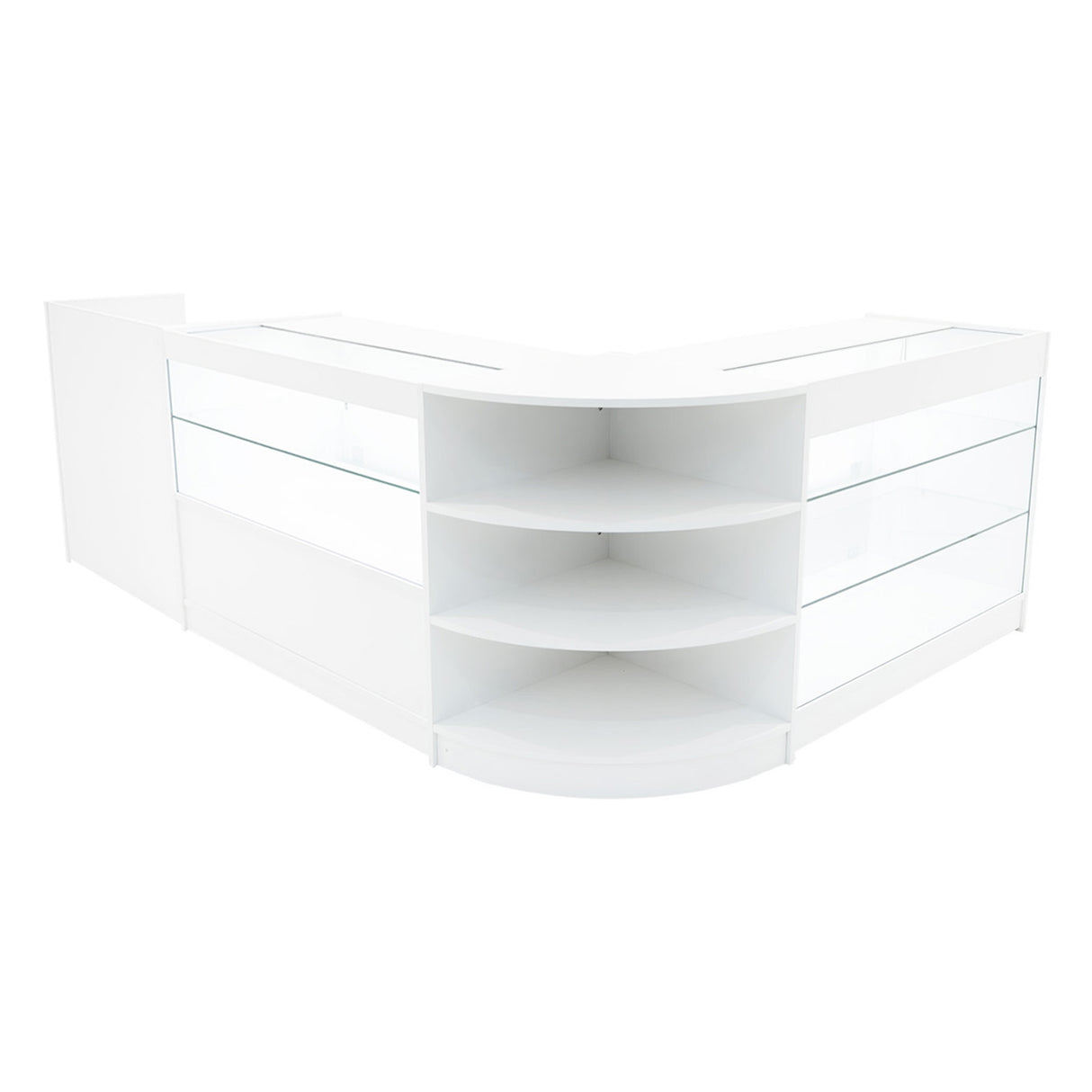 Elegantes Verkaufstheken-Set in Weiß mit klaren Glasflächen, abgerundeten Kanten und offenen Regalen für eine moderne Präsentation von Produkten