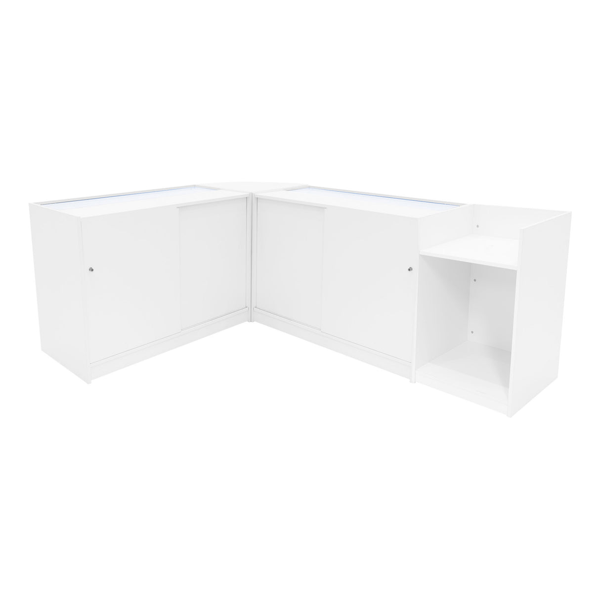 Weißes Theia LED Verkaufstheken-Set mit eleganten, glatten Oberflächen, abgerundeten Kanten und integrierter Beleuchtung für optimale Produktpräsentation