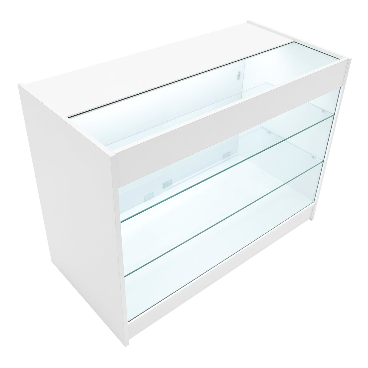 Elegante, weiße LED-Verkaufstheke mit gläsernen Regalen, ideal für die Präsentation von Produkten in einem modernen Verkaufsraum