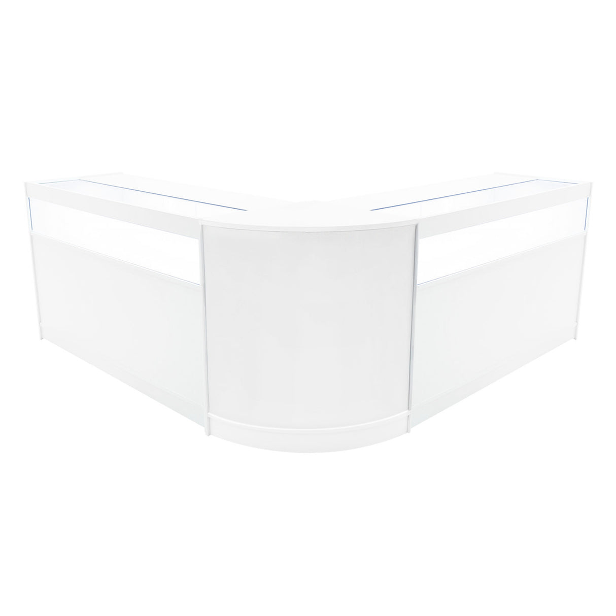 Elegantes, weißes Iris LED Verkaufstheken-Set mit zwei Ecken, glatter Oberfläche und modernem Design, ideal für Verkaufsräume und Ausstellungen