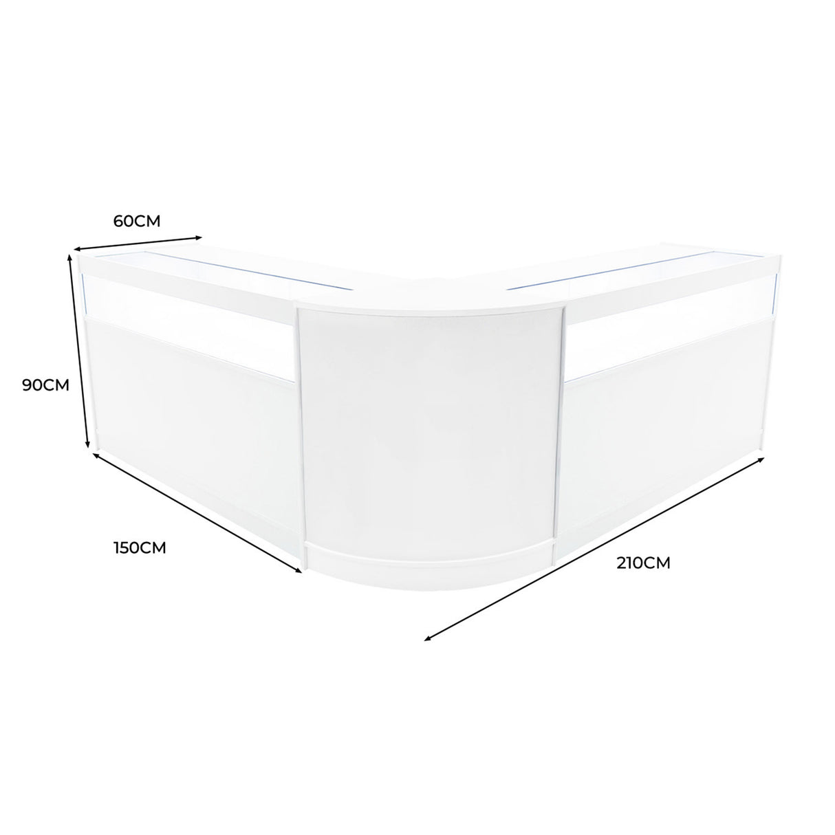 Elegantes, weißes Iris LED Verkaufstheken-Set mit abgerundeten Kanten, ideal für Verkaufsräume, Maße: 60cm x 150cm x 90cm, modernes Design