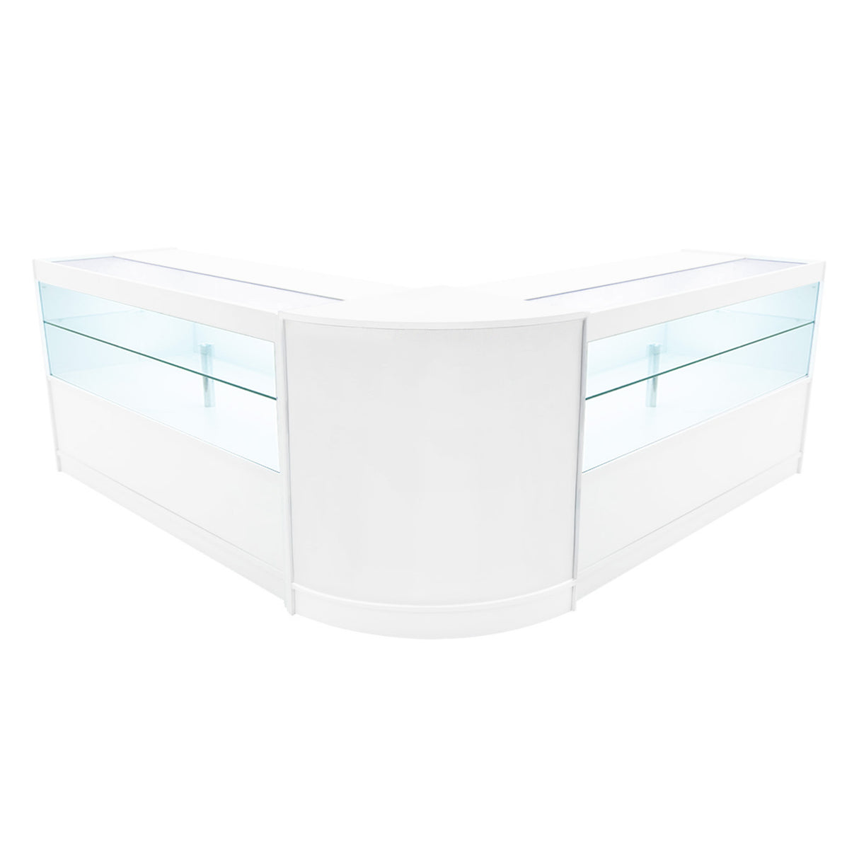 Elegantes, weißes LED Verkaufstheken-Set mit gläsernen Vitrinen, ideal für Einzelhandel oder Messen, moderne, abgerundete Form und klare Linien