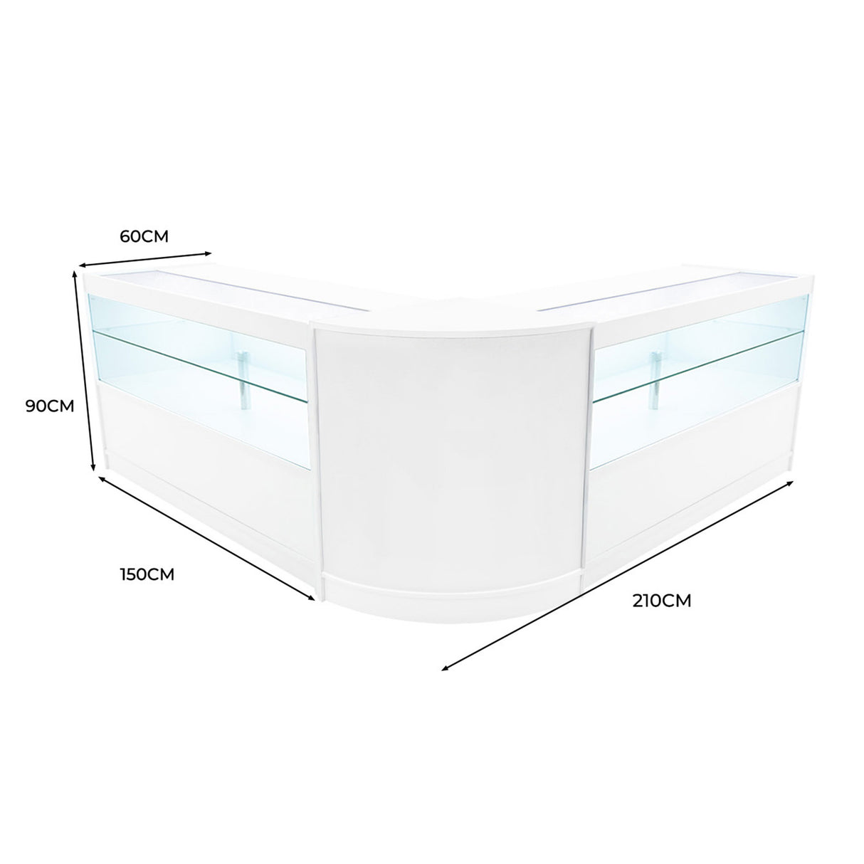 Elegantes, weißes LED Verkaufstheken-Set mit gläsernen Vitrinen, abgerundeten Kanten und modernen Maßen von 60 cm und 150 cm für stilvolle Präsentationen