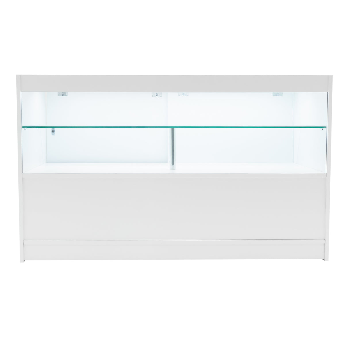 Weißes LED Verkaufstheken-Set mit zwei Regalen, glatter Oberfläche und transparentem Glas, ideal für die Präsentation von Produkten in Geschäften