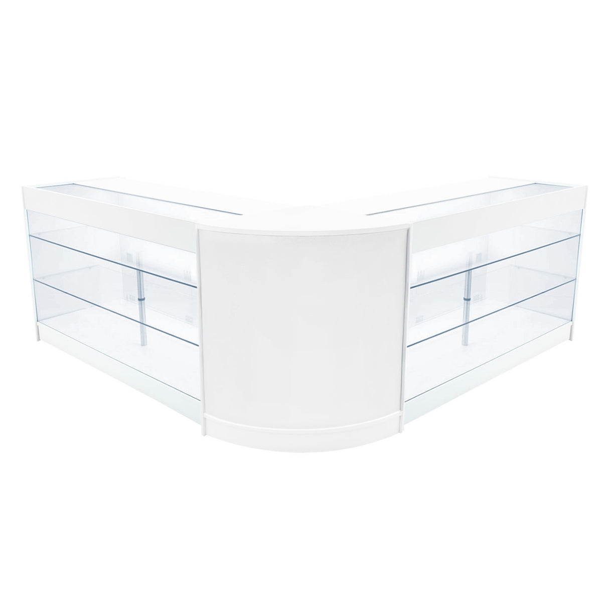 Elegantes, weißes LED Verkaufstheken-Set mit zwei Ecken, ausgestattet mit transparenten Glasregalen und glatten Oberflächen für moderne Verkaufsräume
