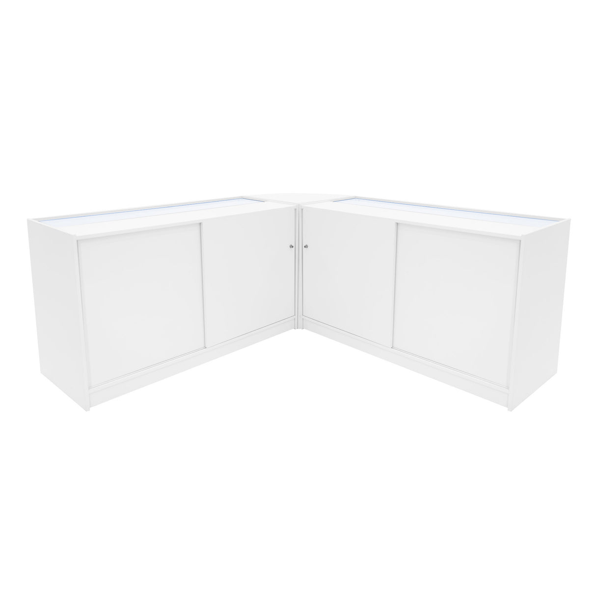 Eckige, weiße LED-Verkaufstheke mit glatten Oberflächen und Schiebetüren, ideal für Verkaufsräume und Ausstellungen, moderne und elegante Gestaltung