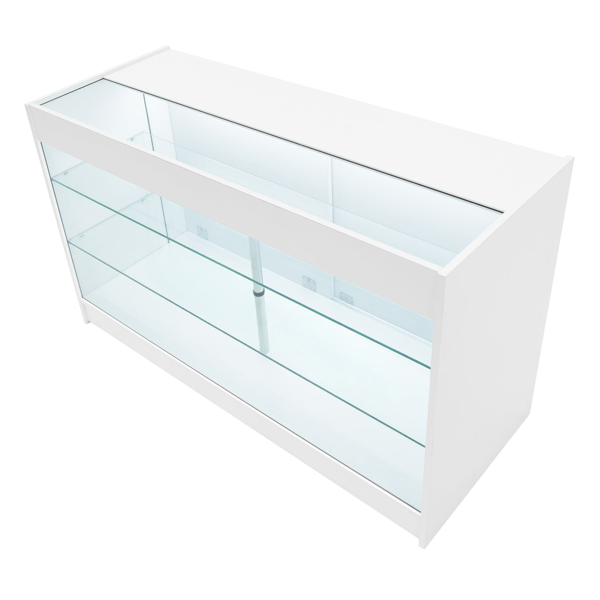 Weißes LED Verkaufstheken-Set mit gläsernen Regalen, modernem Design und klaren Linien, ideal für die Präsentation von Produkten in Geschäften