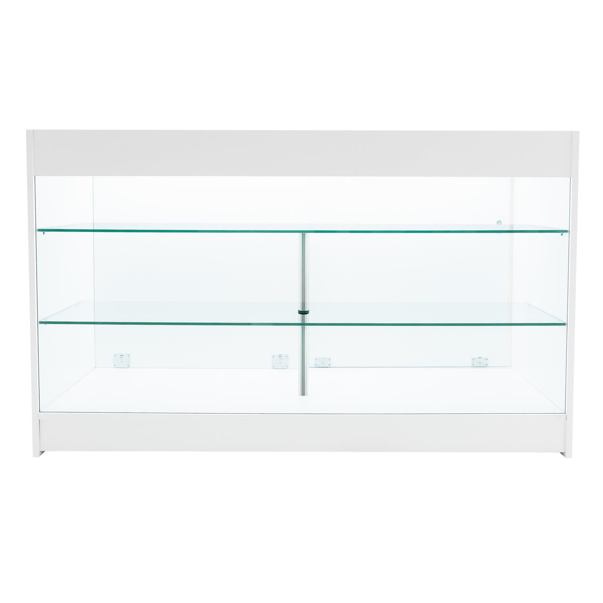Weißes LED Verkaufstheken-Set mit zwei Regalen aus klarem Glas, modernem Design und eleganter, glatter Oberfläche für ansprechende Produktpräsentation