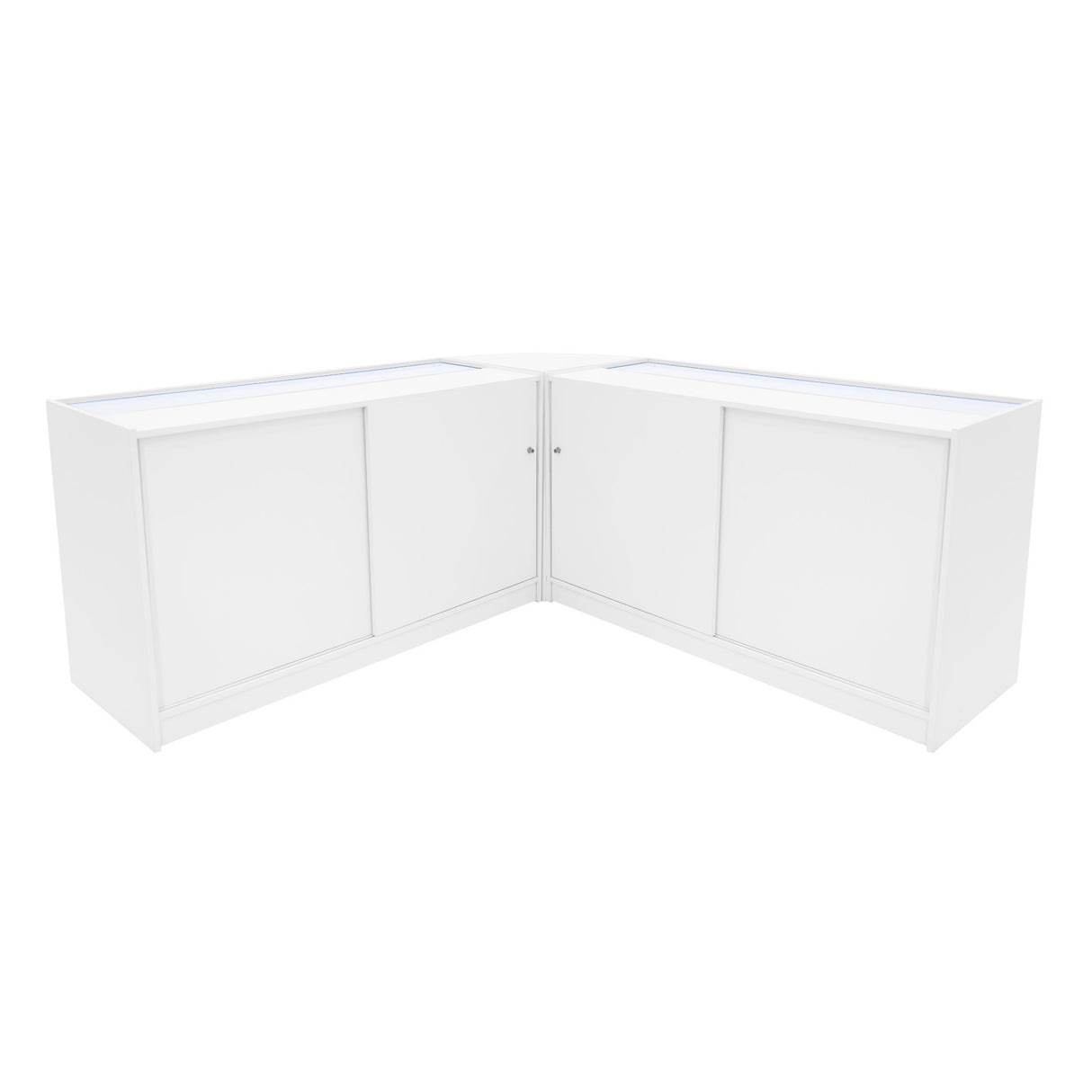 Elegantes, weißes Adonis LED Ladentheke Set mit glatten Oberflächen, integrierter Beleuchtung und modernen Schiebetüren, ideal für Verkaufsräume