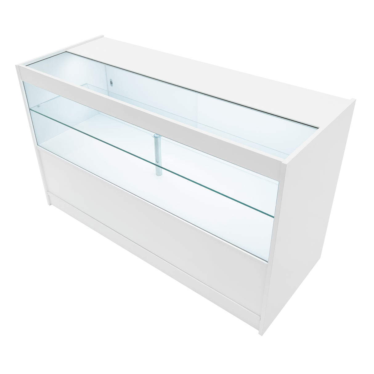 Hera LED Verkaufstheken-Set in Weiß mit gläsernen Regalen, modernem Design und klaren Linien, ideal für den Einzelhandel und Ausstellungen
