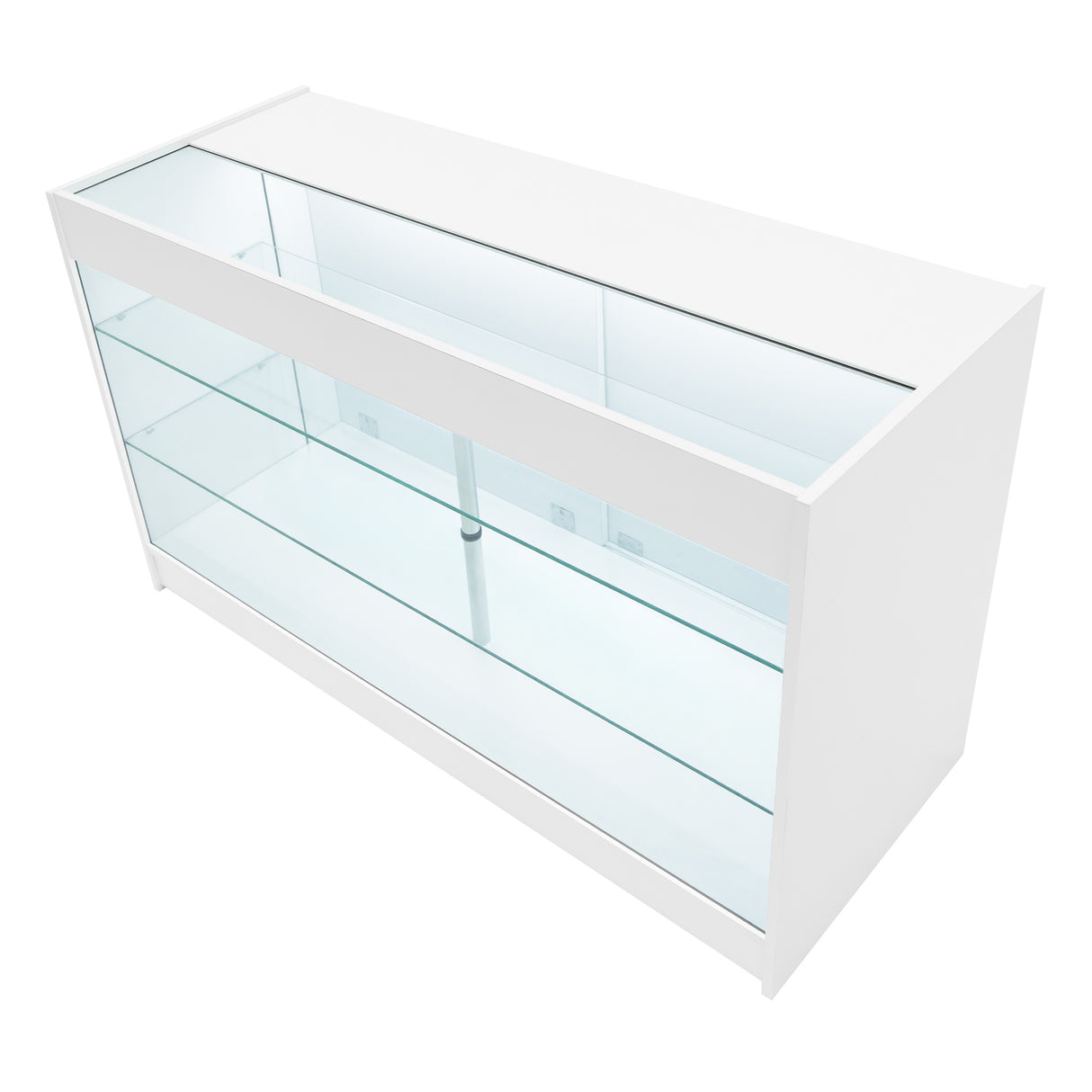 Elegante, weiße LED-Verkaufstheke mit gläsernen Regalen, ideal für die Präsentation von Produkten in einem modernen Verkaufsraum