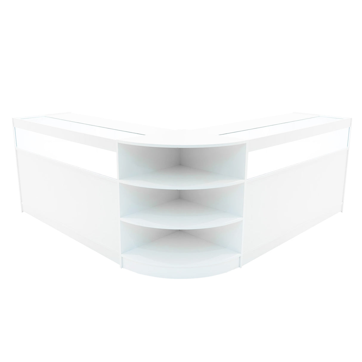 Weißes LED Verkaufstheken-Set mit zwei Ecken, glatten Oberflächen, offenen Regalen und modernem, minimalistischen Design für Verkaufsräume