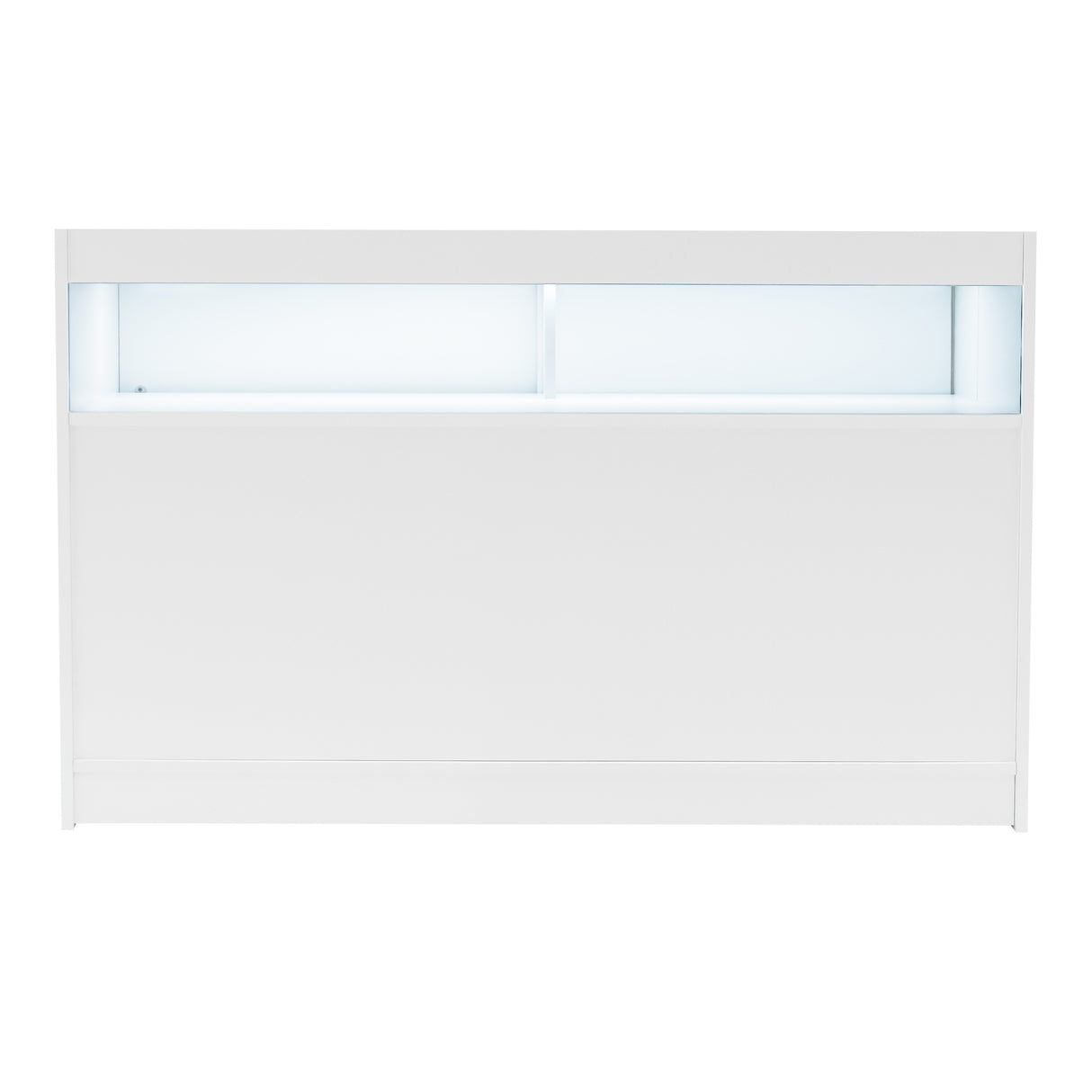 Weißes LED-Verkaufstheken-Set mit glatter Oberfläche, integrierter Beleuchtung und modernem, minimalistischen Design für Verkaufsräume