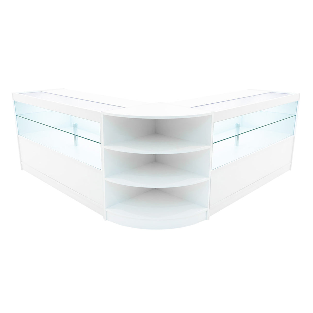 Elegantes Andromeda LED Verkaufstheken-Set in Weiß, mit gläsernen Einlegeböden und runder, offener Ablage für eine moderne Präsentation