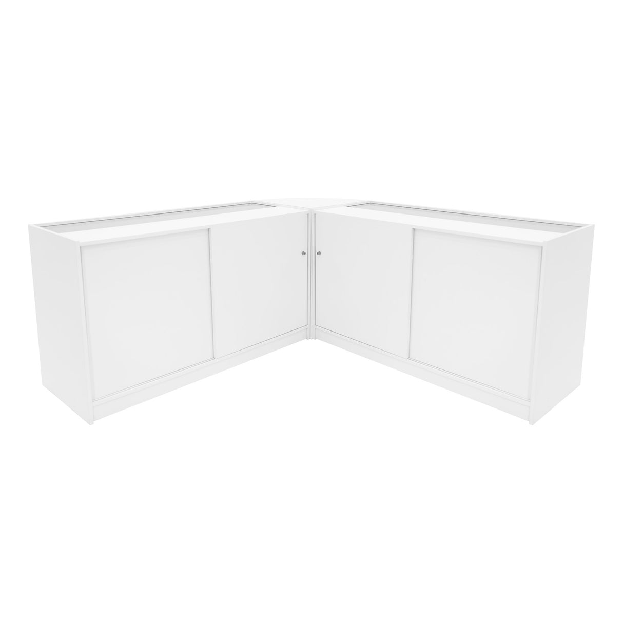 Eckverkaufstheken-Set in elegantem Weiß, bestehend aus zwei Einheiten mit glatten Oberflächen und Schiebetüren für optimalen Stauraum und Präsentation