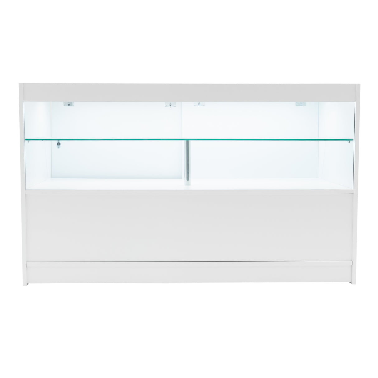 Weißes Andromeda LED Verkaufstheken-Set mit zwei Regalen, glatten Oberflächen, integrierter Beleuchtung und klaren Glasablagen für optimale Präsentation