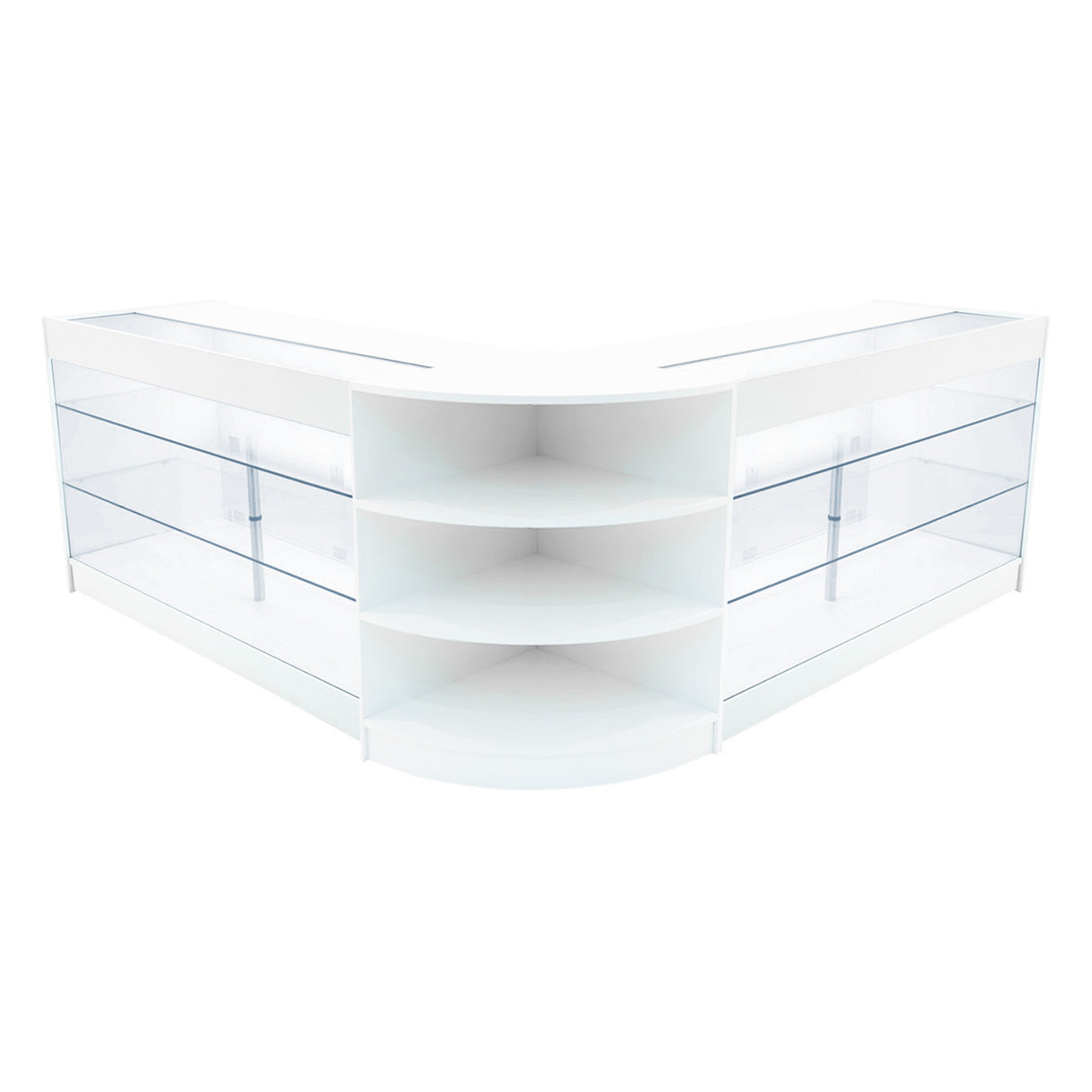 Elegantes Verkaufstheken-Set in Weiß mit klaren Glasflächen, abgerundeten Kanten und offenen Regalen für optimale Präsentation von Produkten