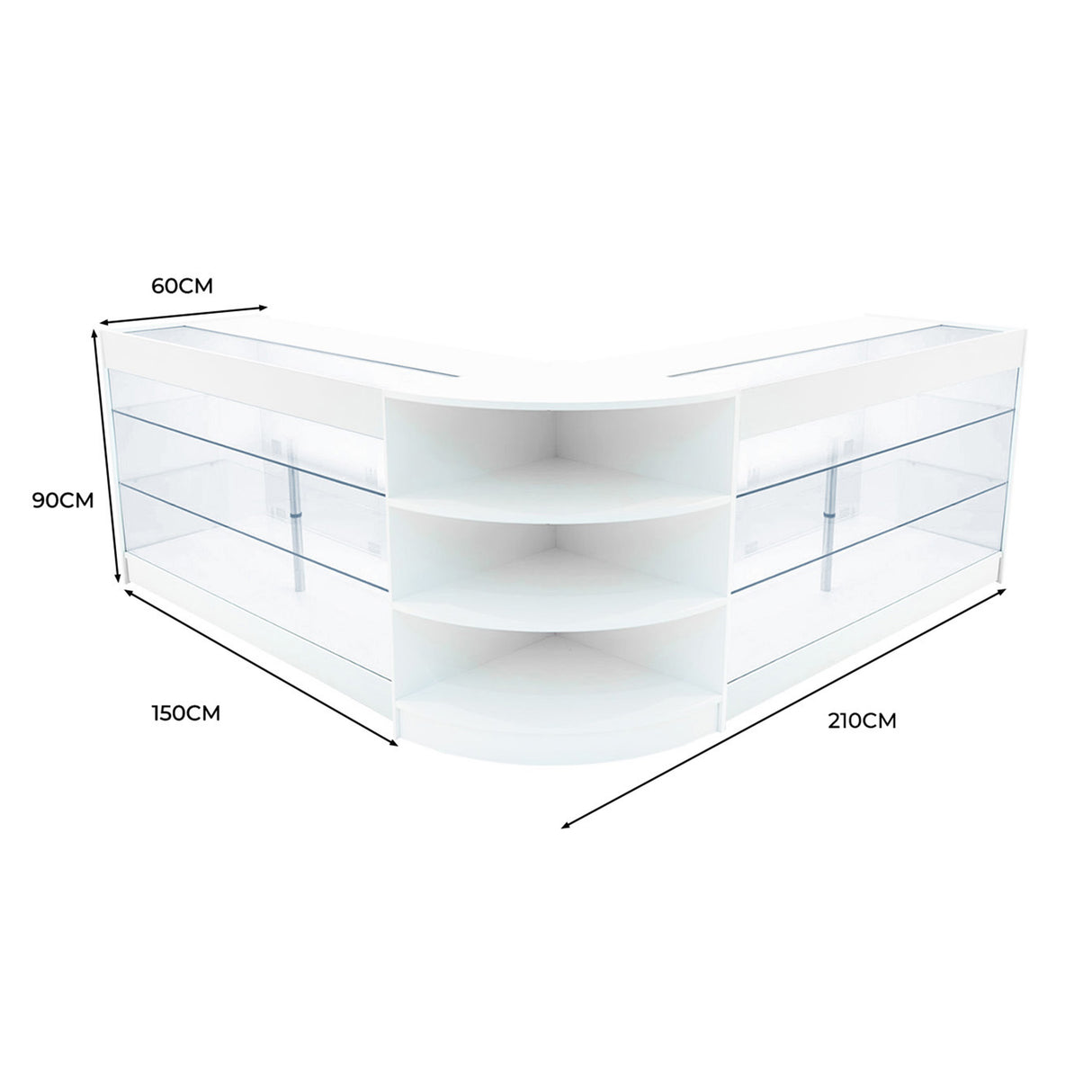 Elegantes Verkaufstheken-Set in Weiß mit transparenten Glasregalen, abgerundeten Kanten und großzügigem Stauraum, ideal für den Einzelhandel