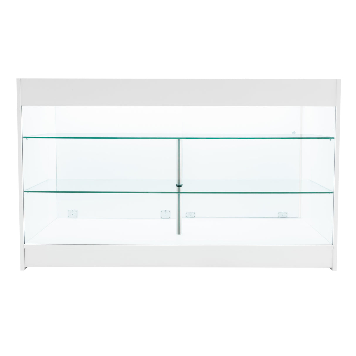 Elegantes Verkaufstheken-Set in Weiß mit klaren Glasregalen, ideal für die Präsentation von Produkten in Geschäften oder Ausstellungen