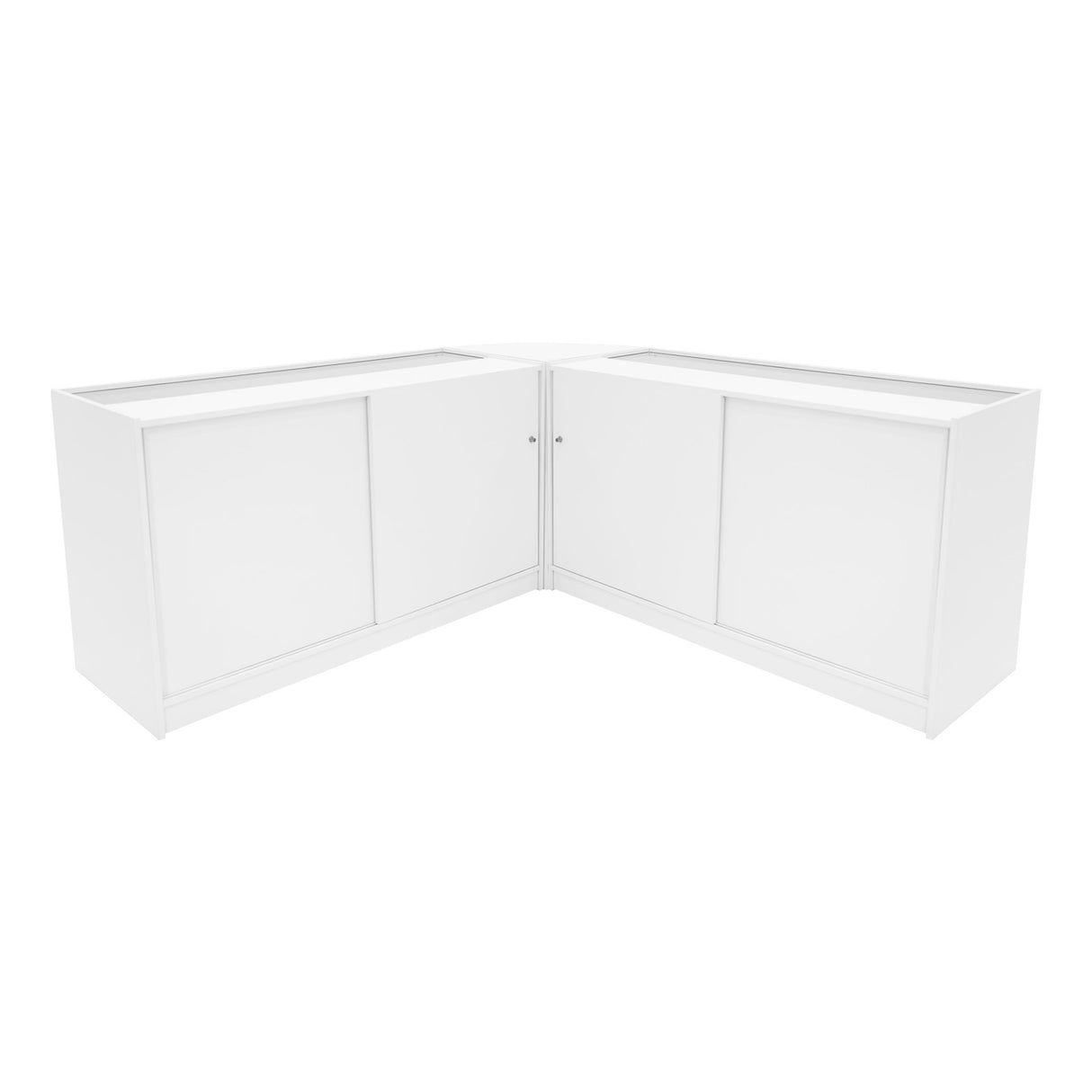 Harmonia LED Verkaufstheken-Set in Weiß, bestehend aus zwei eleganten, abgerundeten Theken mit glatten Oberflächen und modernen Schiebetüren