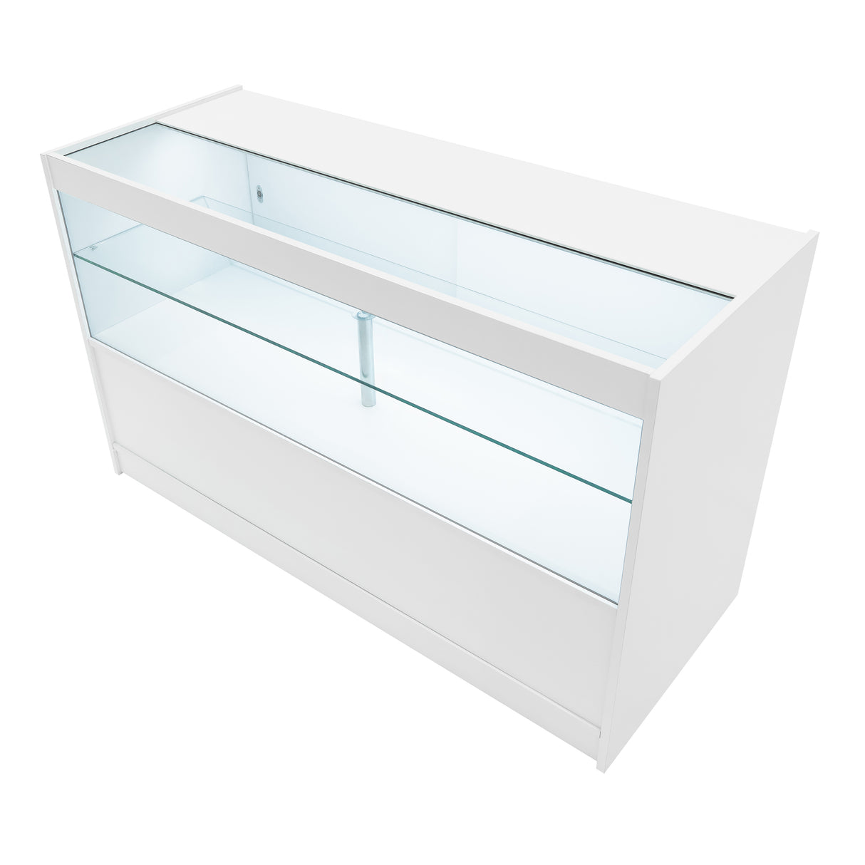 Harmonia LED Verkaufstheken-Set in Weiß mit gläserner Oberseite, klaren Regalen und modernem, minimalistischen Design für eleganten Verkaufsraum