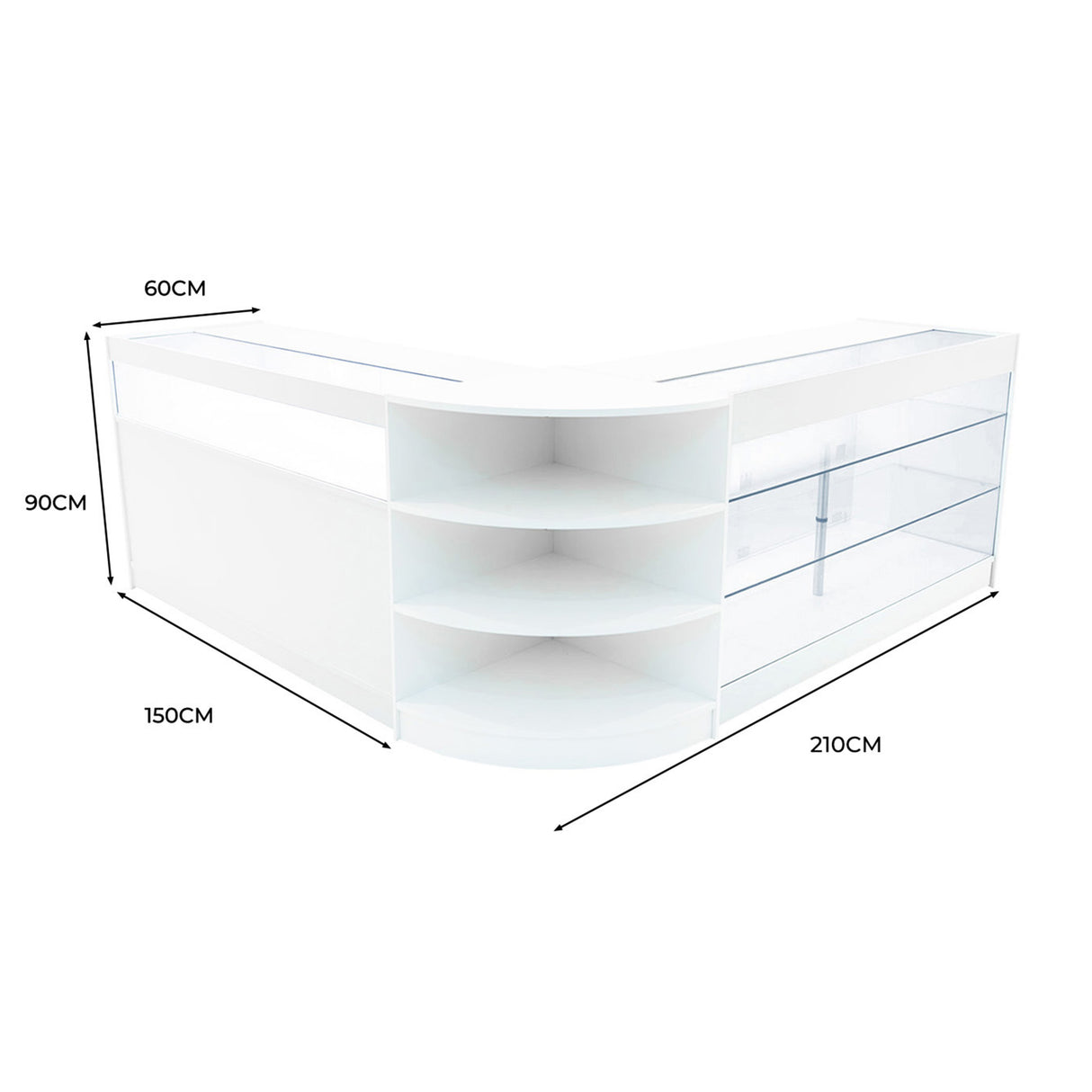 Elegantes LED Verkaufstheken-Set in Weiß mit klaren Glasregalen, abgerundeten Ecken und großzügigem Stauraum, ideal für Verkaufsräume und Ausstellungen