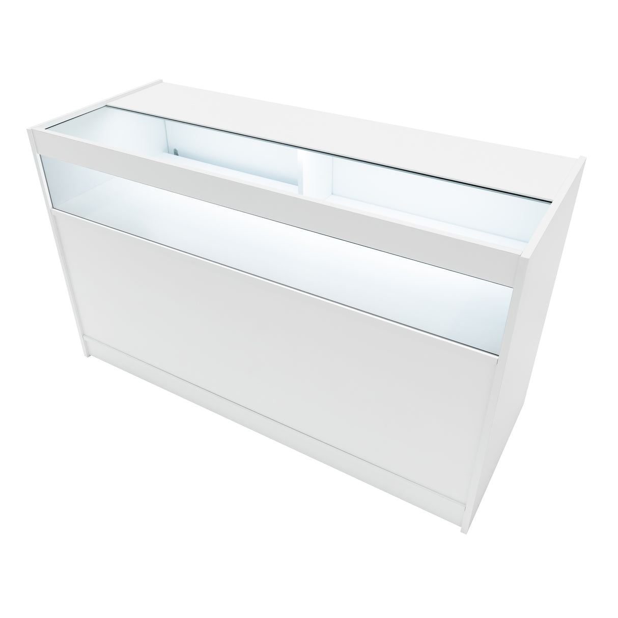 Weißes LED Verkaufstheken-Set mit glatter Oberfläche, beleuchtetem Innenraum und modernem, minimalistischen Design für Verkaufsräume