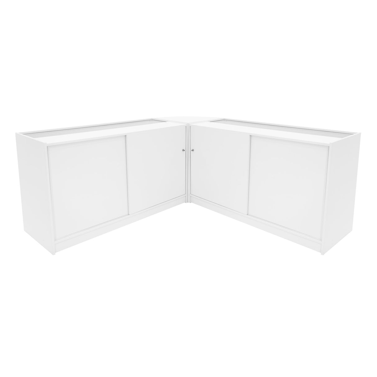 Elegantes, weißes Calliope LED Verkaufstheken-Set mit glatten Oberflächen, zwei Schiebetüren und modernem, minimalistischen Design für Verkaufsräume
