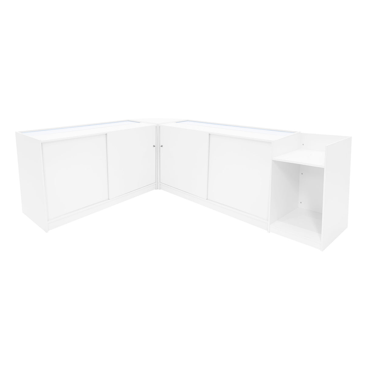 Eckverkaufsset in Weiß, bestehend aus zwei LED-Theken und einem Tisch, mit glatten Oberflächen und modernen, minimalistischen Linien