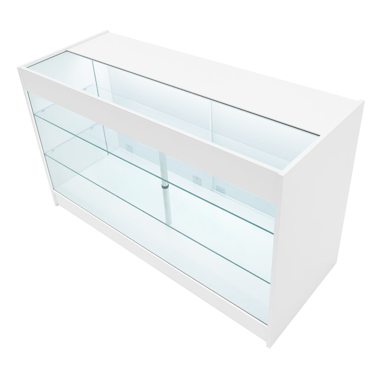 Weißes LED-Verkaufstheken-Set mit gläsernen Regalen, modernem Design und klaren Linien, ideal für die Präsentation von Produkten in Geschäften