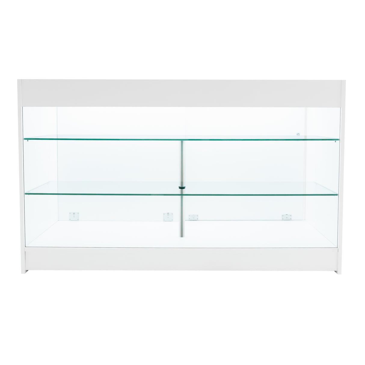 Weißes LED Verkaufstheken-Set mit zwei gläsernen Regalen, elegant und modern, ideal für die Präsentation von Produkten in Geschäften