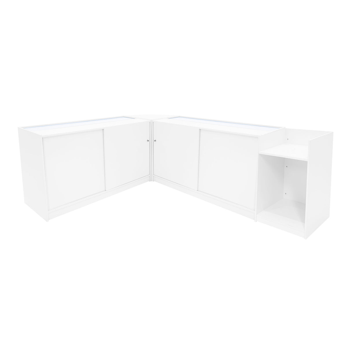 Eckverkaufsregal-Set in Weiß mit LED-Beleuchtung, bestehend aus zwei Theken und einem Sideboard, glatte Oberflächen und moderne, klare Linien
