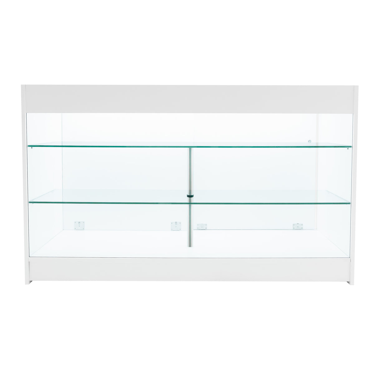 Elegantes Verkaufstheken-Set in Weiß mit zwei Glasregalen, ideal für die Präsentation von Produkten in einem modernen Verkaufsraum