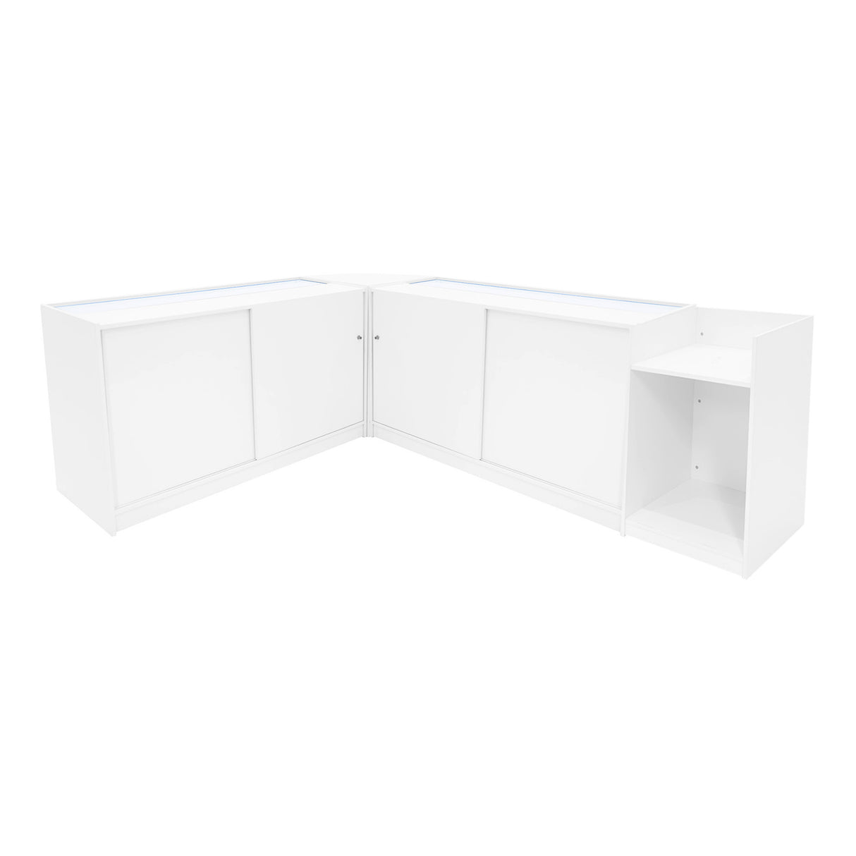 Weißes Hyperion LED Verkaufstheken-Set mit glatten Oberflächen, abgerundeten Kanten und integrierter Beleuchtung für eine moderne Präsentation