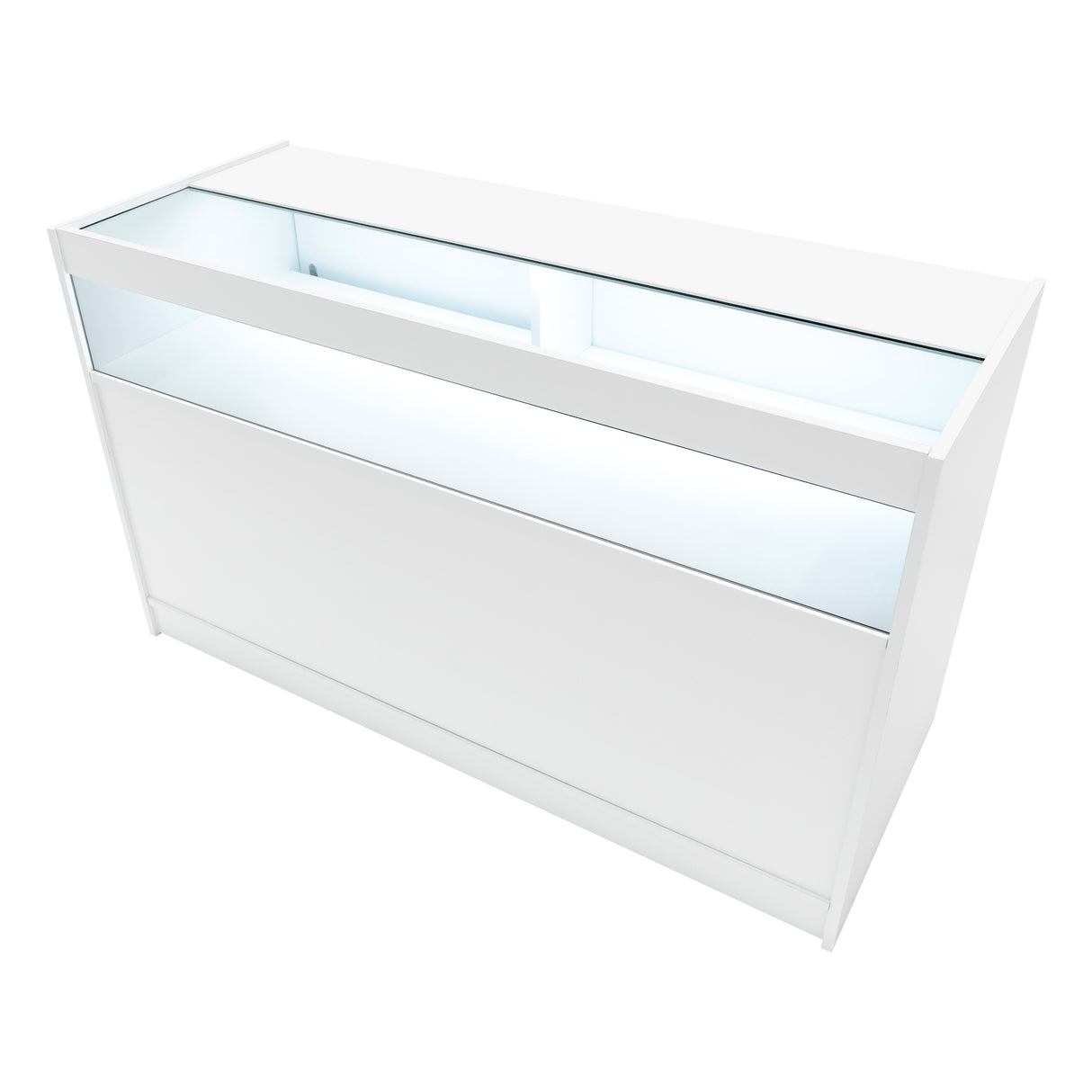 Weißes Hyperion LED Verkaufstheken-Set mit glatter Oberfläche, beleuchtetem Innenraum und modernem, minimalistischen Design für Verkaufsräume