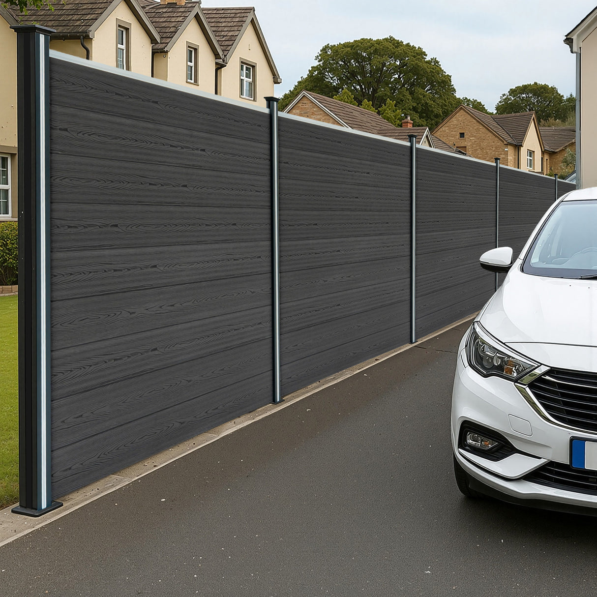 WPC Sichtschutzzaun x6, Eckstück x1 & LED Zaunpfosten x7 - Grau