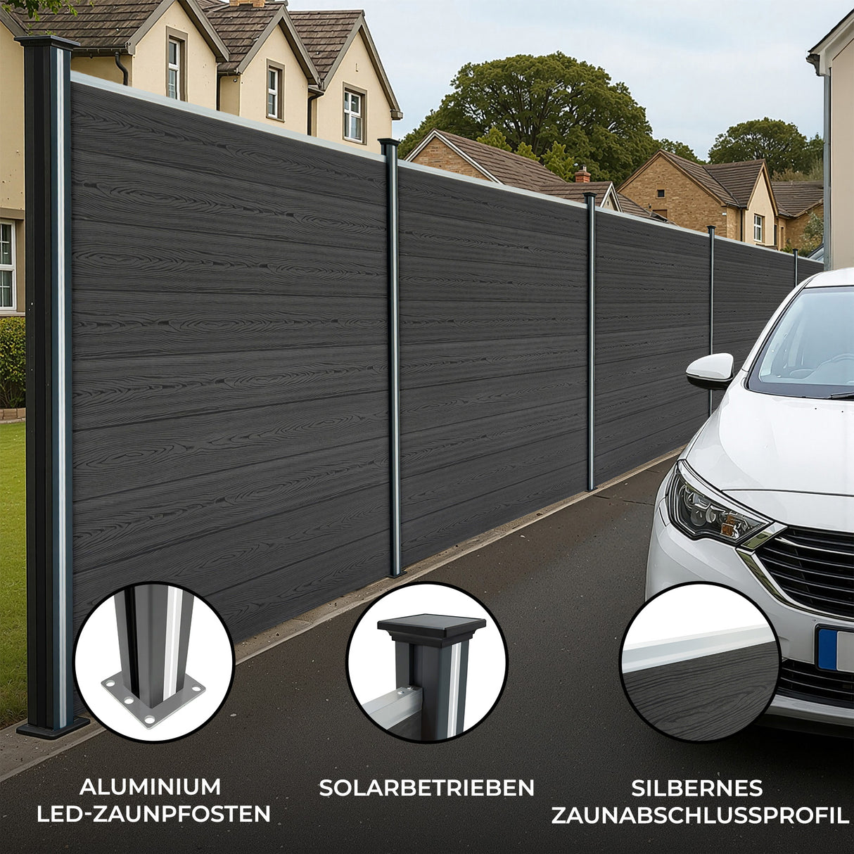 WPC Sichtschutzzaun x2, Eckstück x1 & LED Zaunpfosten x3 - Grau